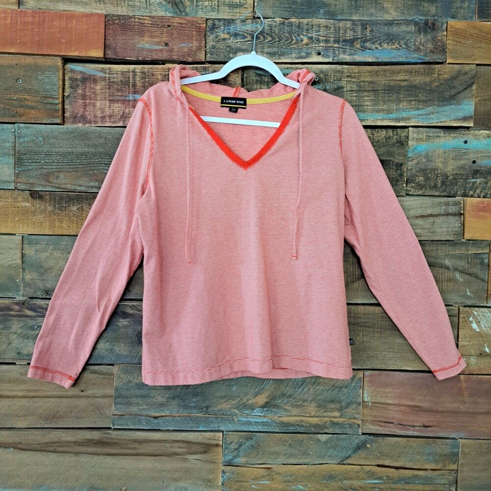 Lands End Women Sz Lg/P Orange Stripe Hooded Pullover Longsleeve Top Coastal